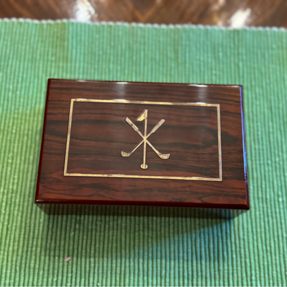 Shiny Lacquered Wooden Desk Box with Gold Golf Design